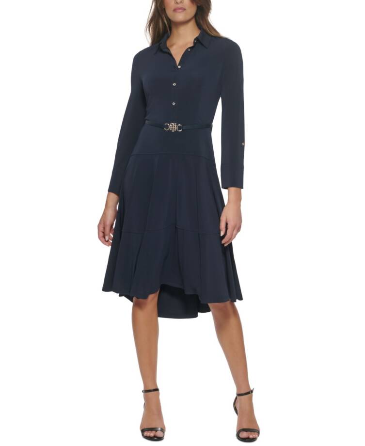 Tommy Hilfiger Belted Jersey Shirtdress Women's 12 Sky Captain Button Front