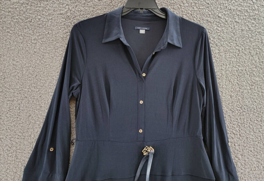 Tommy Hilfiger Belted Jersey Shirtdress Women's 12 Sky Captain Button Front