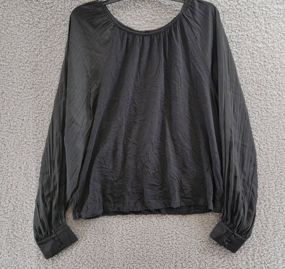 Sanctuary Mixed Media Top Women's XL Black Crew Neck Button Back Long Sleeve