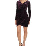 GUESS Velvet Ruched-Front Dress Women's 12 Plum V-Neck Long Sleeve Back Zipped