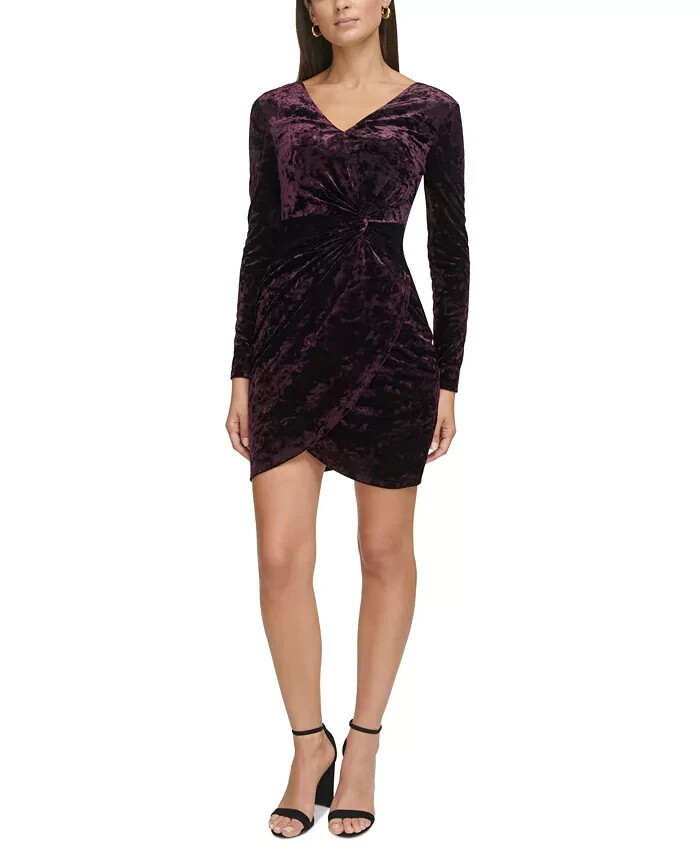 GUESS Velvet Ruched-Front Dress Women's 12 Plum V-Neck Long Sleeve Back Zipped