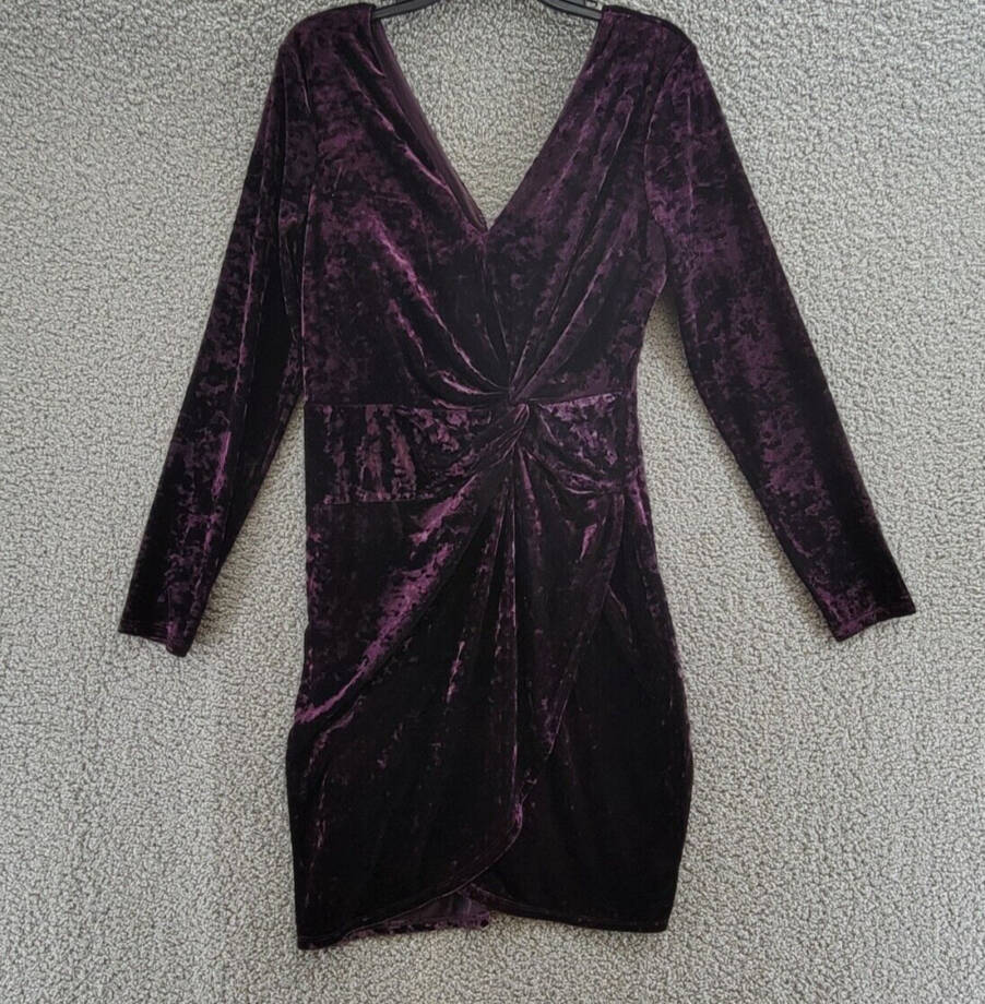 GUESS Velvet Ruched-Front Dress Women's 12 Plum V-Neck Long Sleeve Back Zipped