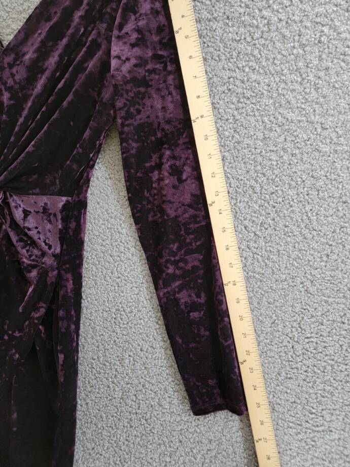 GUESS Velvet Ruched-Front Dress Women's 12 Plum V-Neck Long Sleeve Back Zipped