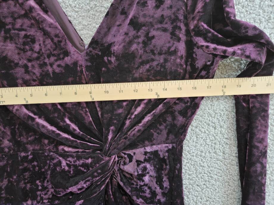 GUESS Velvet Ruched-Front Dress Women's 12 Plum V-Neck Long Sleeve Back Zipped