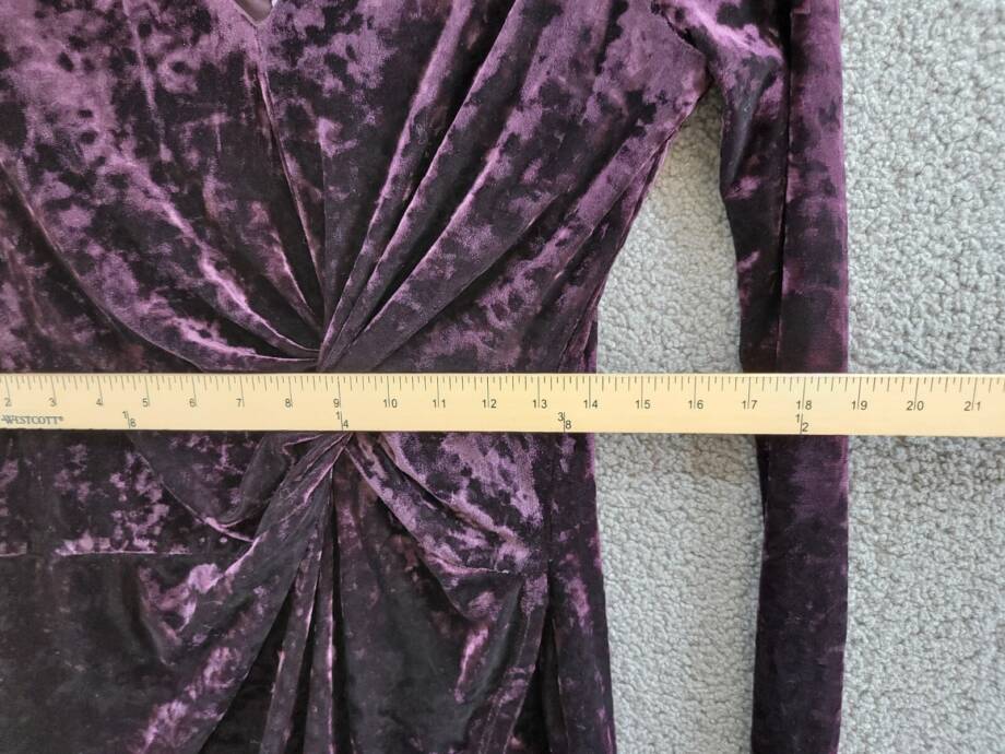GUESS Velvet Ruched-Front Dress Women's 12 Plum V-Neck Long Sleeve Back Zipped