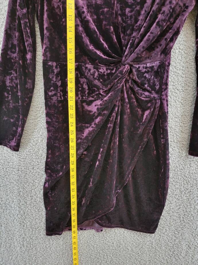 GUESS Velvet Ruched-Front Dress Women's 12 Plum V-Neck Long Sleeve Back Zipped