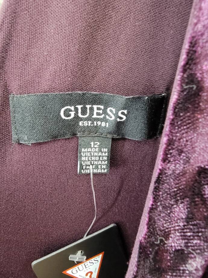 GUESS Velvet Ruched-Front Dress Women's 12 Plum V-Neck Long Sleeve Back Zipped