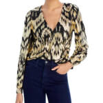 AQUA Foil Printed Long Puff Sleeve Blouse Women's M Black/Gold V-Neck Pullover