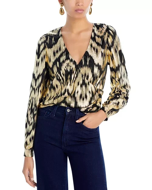 AQUA Foil Printed Long Puff Sleeve Blouse Women's M Black/Gold V-Neck Pullover