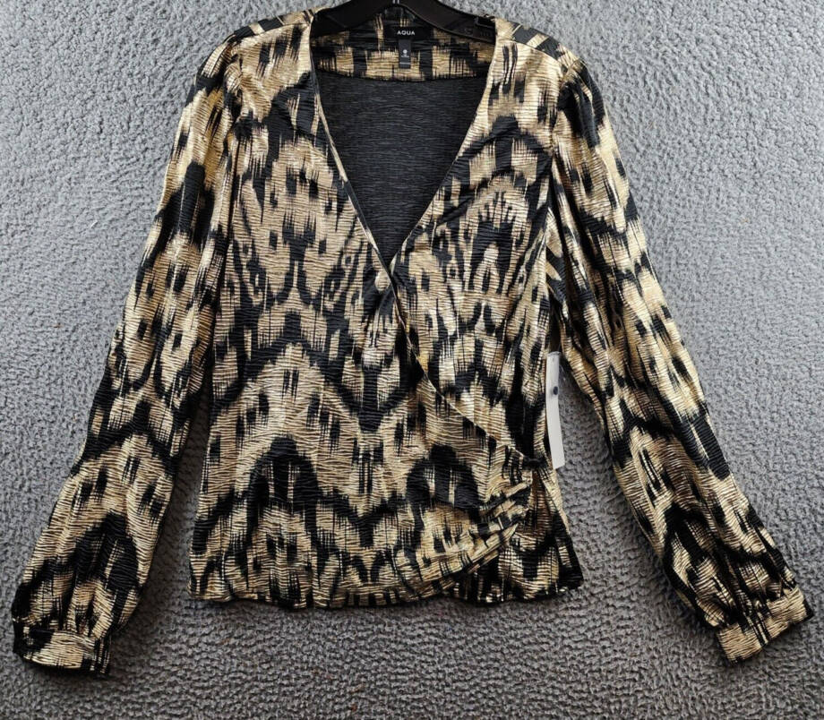 AQUA Foil Printed Long Puff Sleeve Blouse Women's M Black/Gold V-Neck Pullover