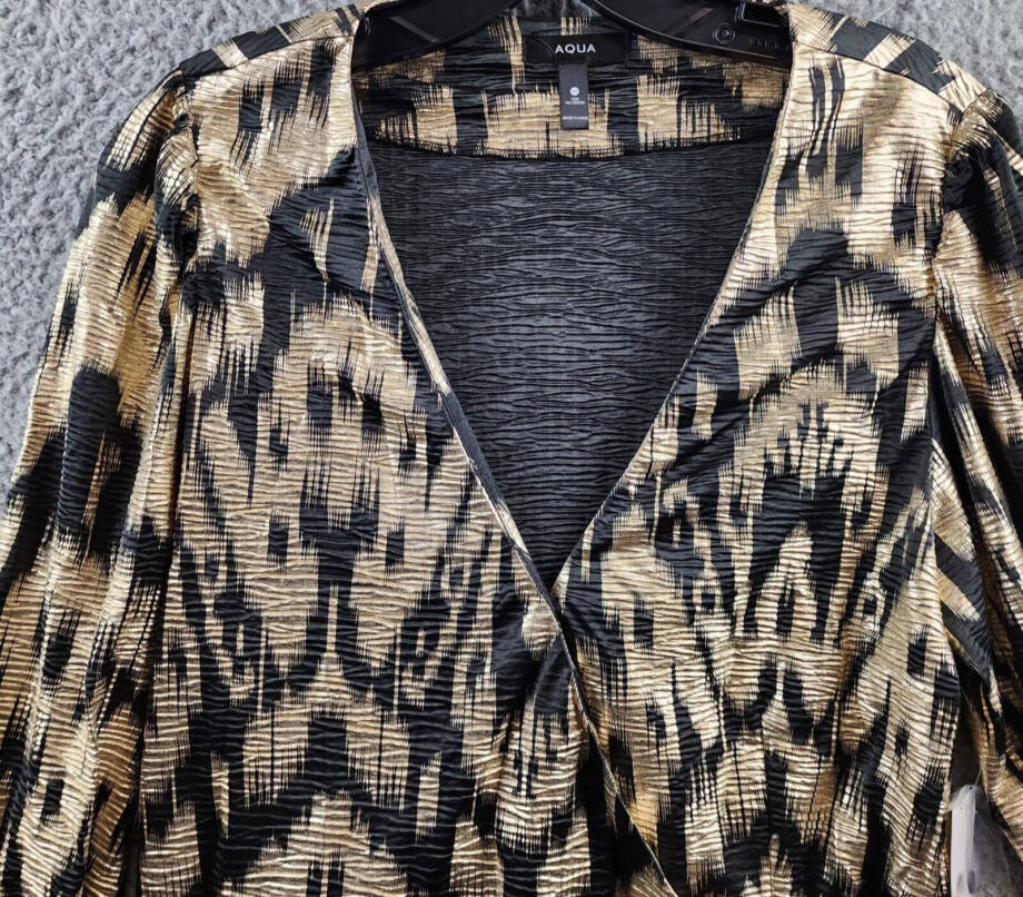 AQUA Foil Printed Long Puff Sleeve Blouse Women's M Black/Gold V-Neck Pullover