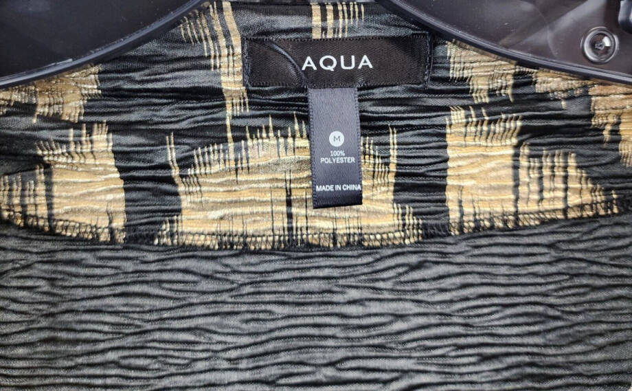 AQUA Foil Printed Long Puff Sleeve Blouse Women's M Black/Gold V-Neck Pullover