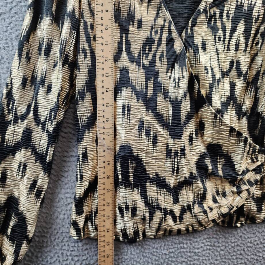 AQUA Foil Printed Long Puff Sleeve Blouse Women's M Black/Gold V-Neck Pullover