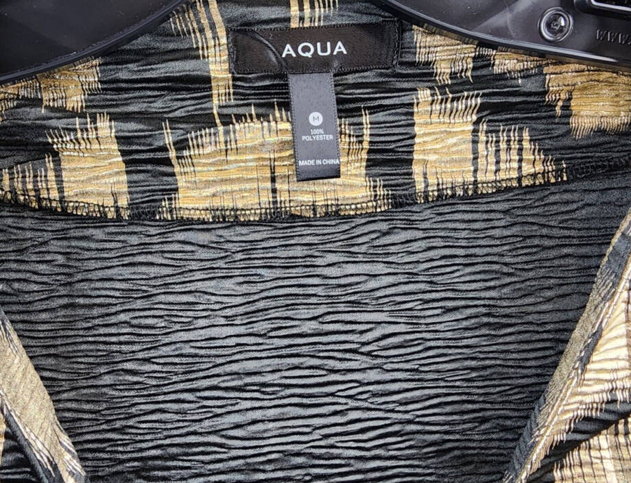 AQUA Foil Printed Long Puff Sleeve Blouse Women's M Black/Gold V-Neck Pullover
