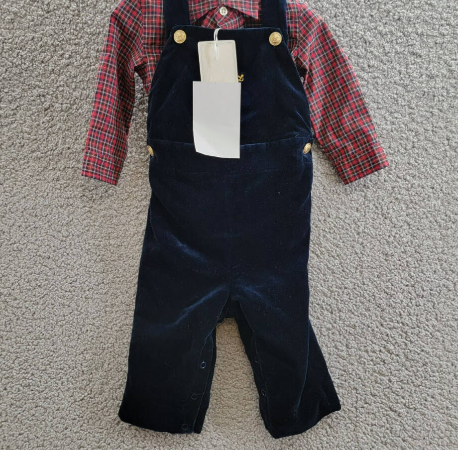 Ralph Lauren Plaid Shirt & Velvet Overall Set Baby Boys' 6M Navy Multi Snap L/S