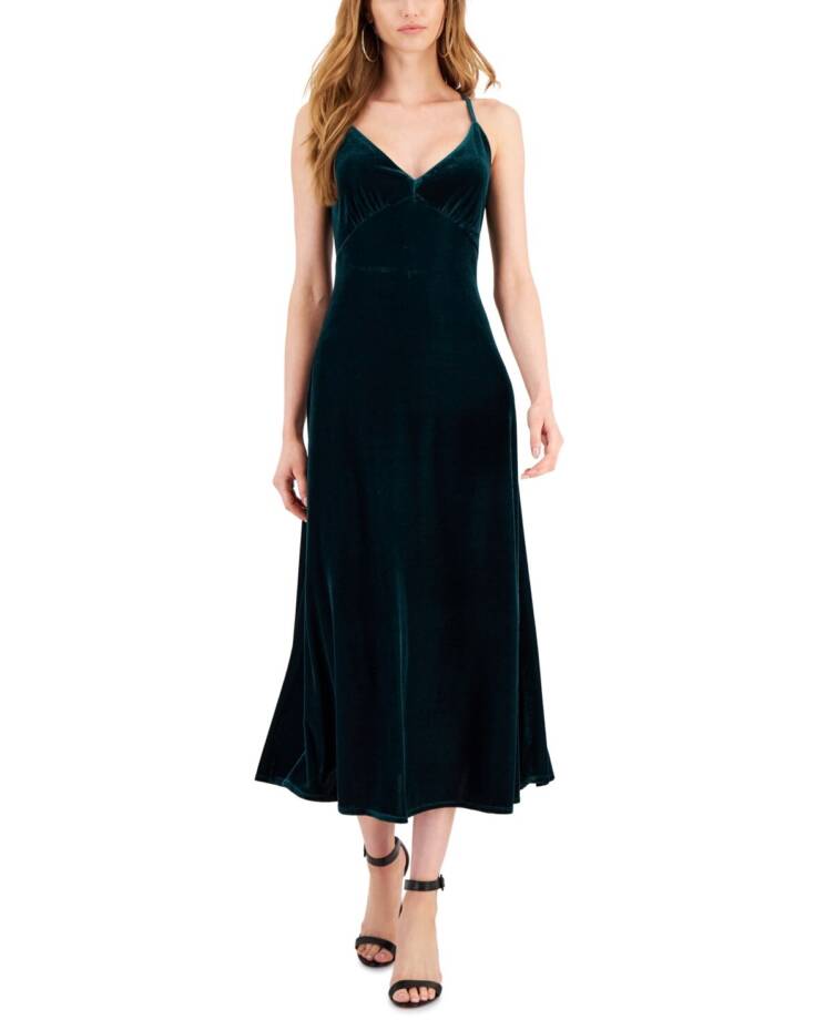 Taylor Petite Stretch Velvet Empire-Waist Midi Slip Dress Women's 10P Pea Green