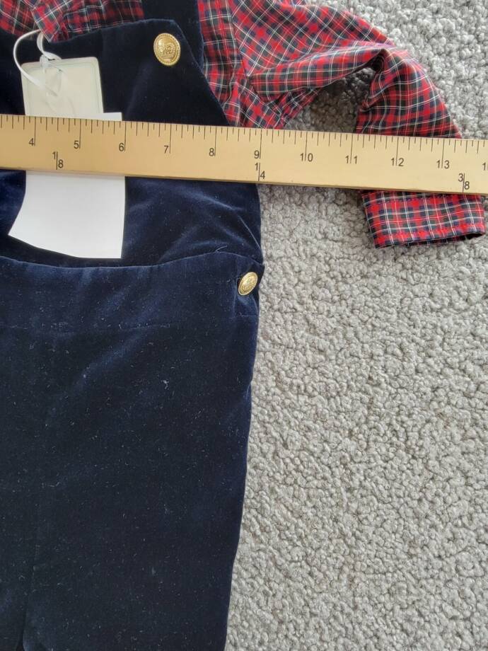 Ralph Lauren Plaid Shirt & Velvet Overall Set Baby Boys' 6M Navy Multi Snap L/S