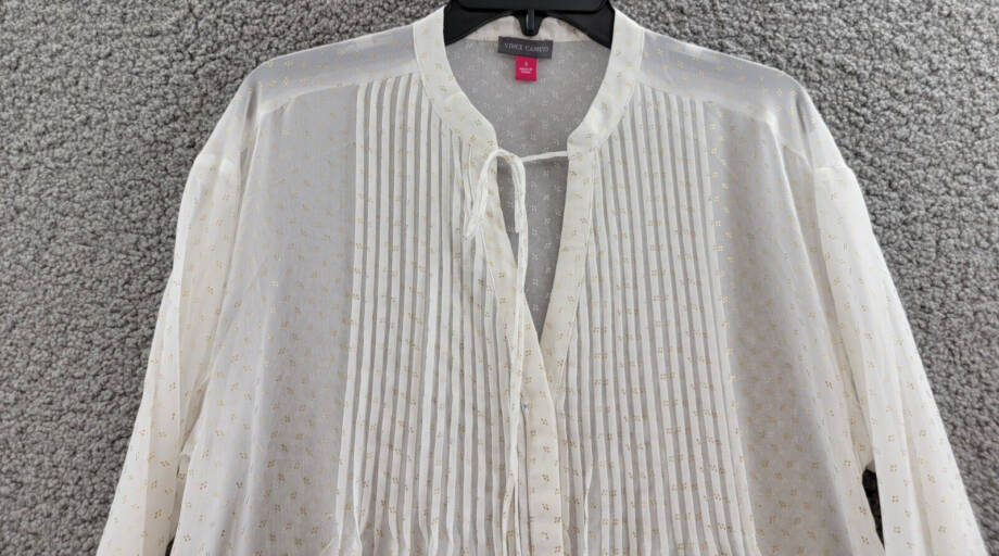 Vince Camuto Drop Shoulder Pin Tucks Blouse Women's S Bone/Gold Round Neck L/S