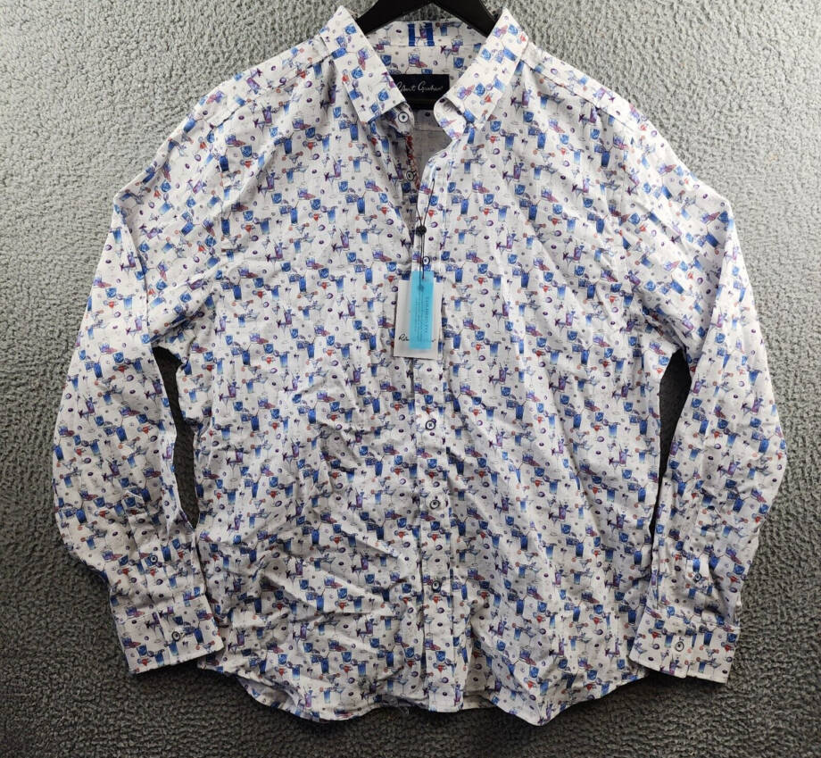 Robert Graham Blue Hawaiian Linen Blend Button Up Shirt Men's 2XL Multi L/S