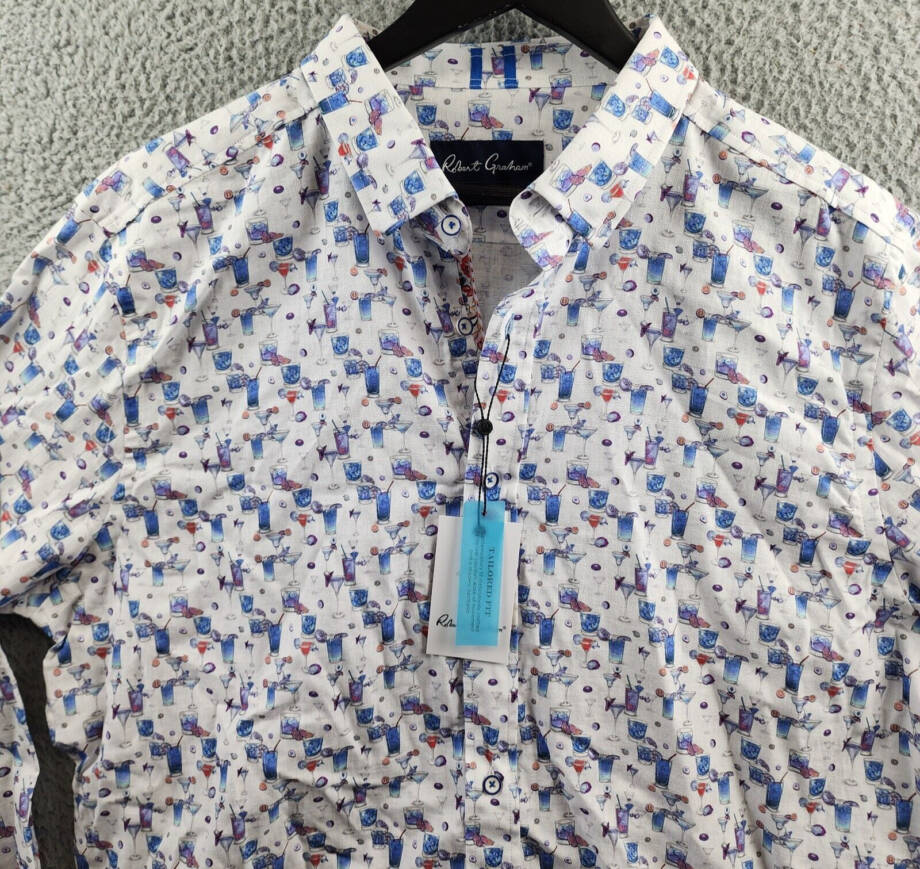 Robert Graham Blue Hawaiian Linen Blend Button Up Shirt Men's 2XL Multi L/S