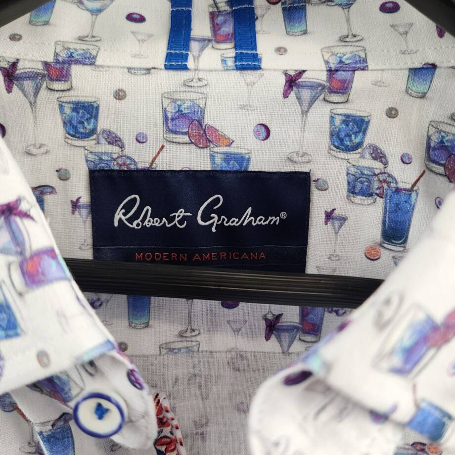 Robert Graham Blue Hawaiian Linen Blend Button Up Shirt Men's 2XL Multi L/S