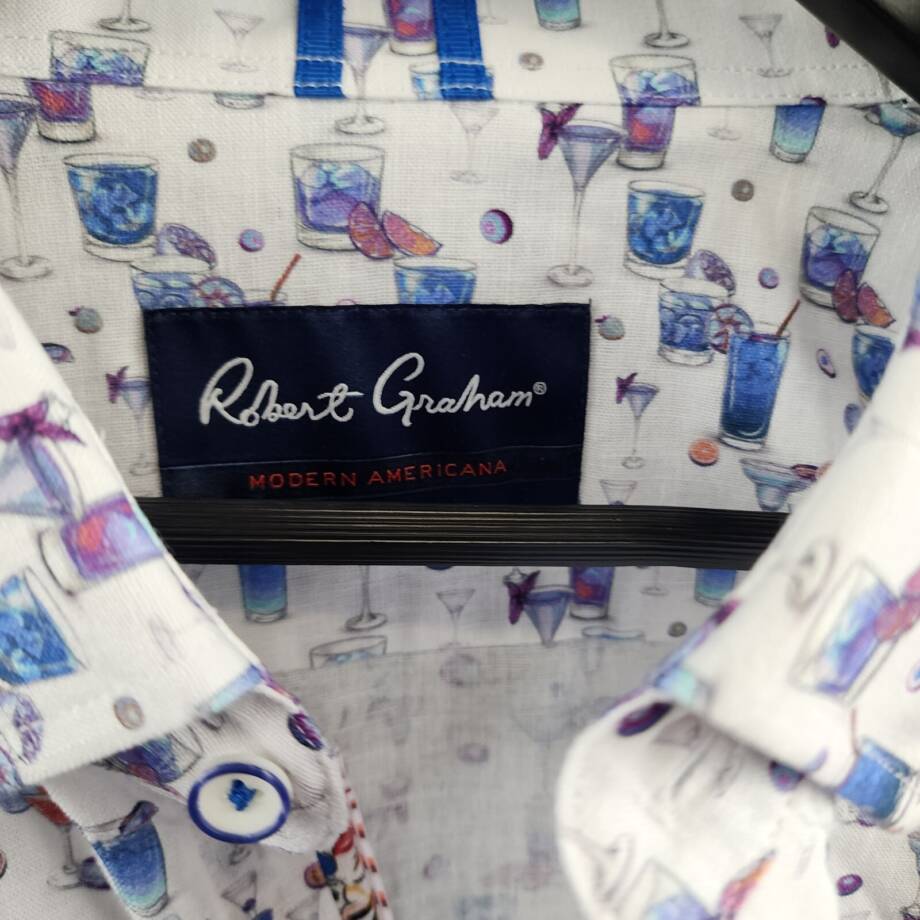 Robert Graham Blue Hawaiian Linen Blend Button Up Shirt Men's 2XL Multi L/S