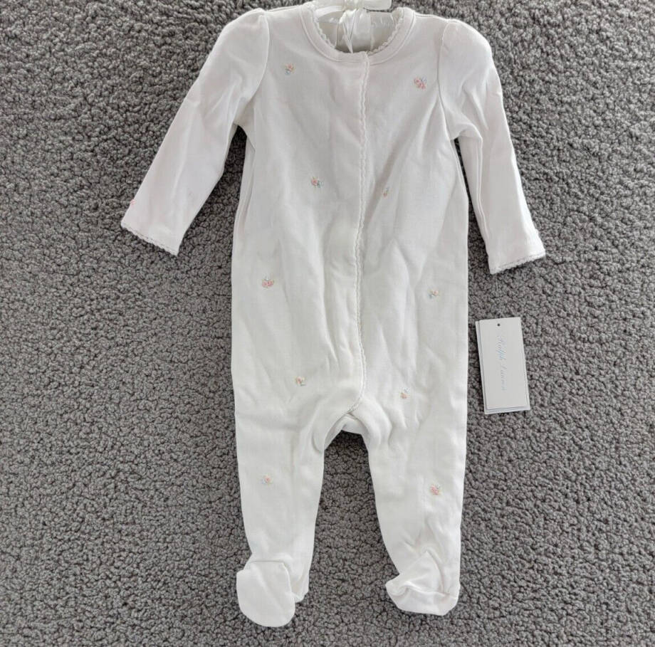 Ralph Lauren Floral Coverall Baby Girls' 6M White Embroidered Snap Front Closure