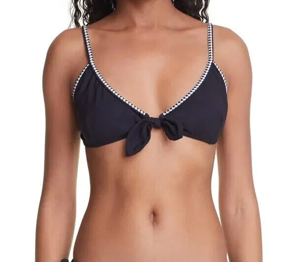LEMLEM Sara Bikini Top Women's XS Black Jacquard Trim Straps Tie Front Closure