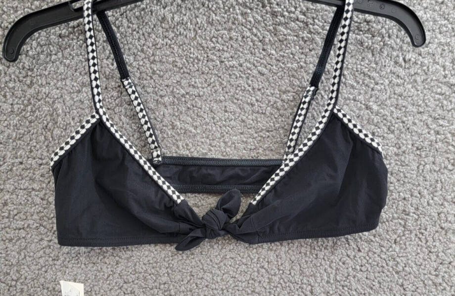 LEMLEM Sara Bikini Top Women's XS Black Jacquard Trim Straps Tie Front Closure