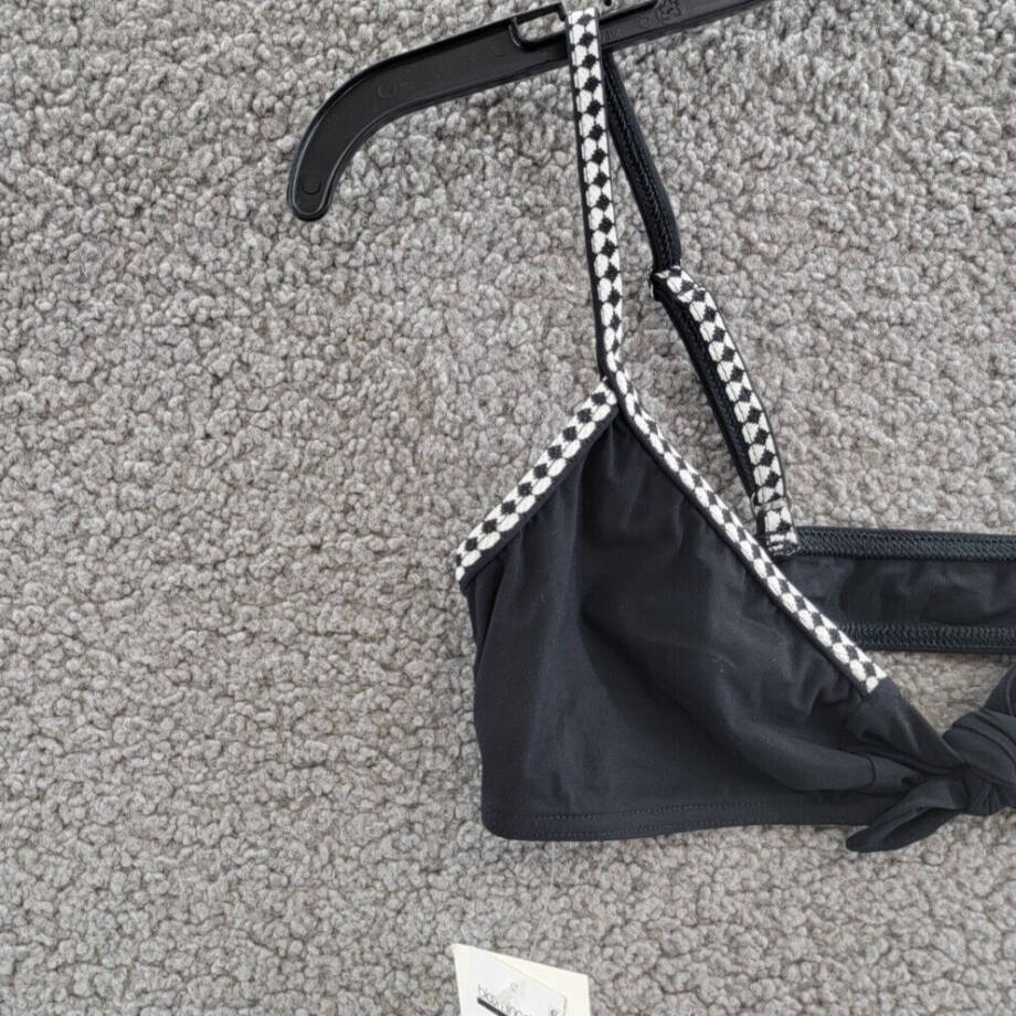 LEMLEM Sara Bikini Top Women's XS Black Jacquard Trim Straps Tie Front Closure