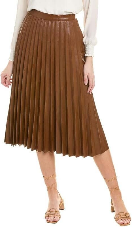 Gracia Faux Leather Long Pleated Skirt Womens XL Brown Elastic Waist Zip Closure