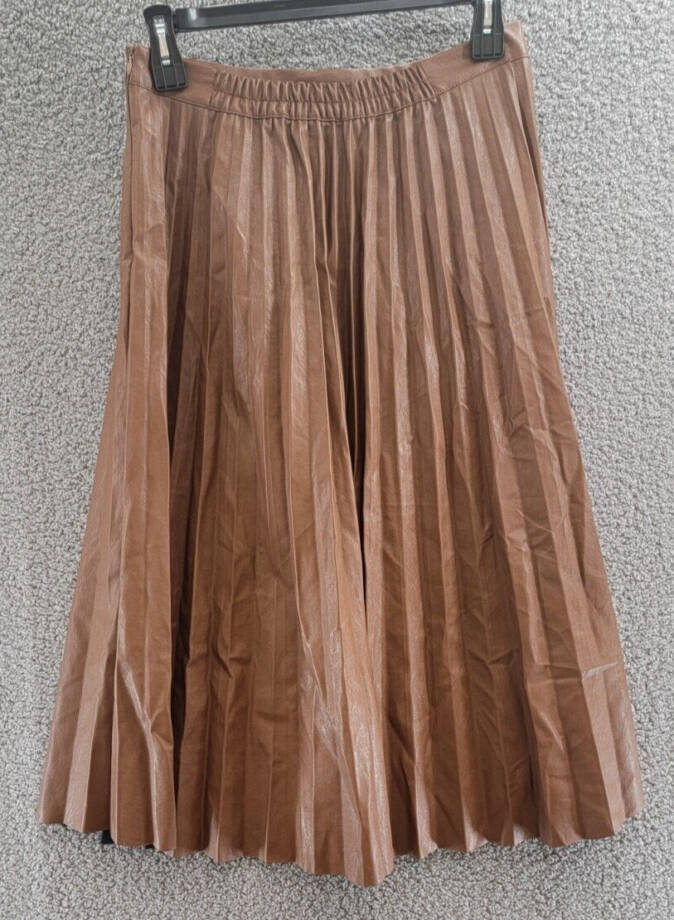 Gracia Faux Leather Long Pleated Skirt Womens XL Brown Elastic Waist Zip Closure