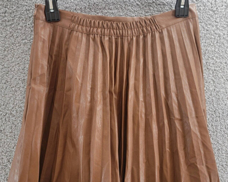 Gracia Faux Leather Long Pleated Skirt Womens XL Brown Elastic Waist Zip Closure