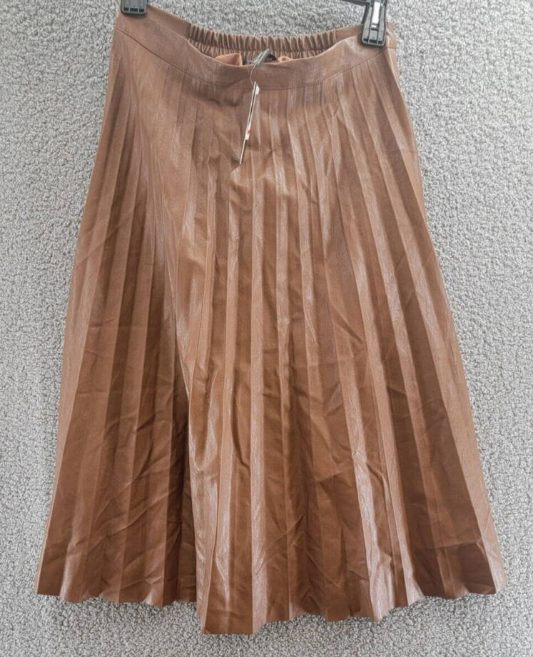 Gracia Faux Leather Long Pleated Skirt Womens XL Brown Elastic Waist Zip Closure