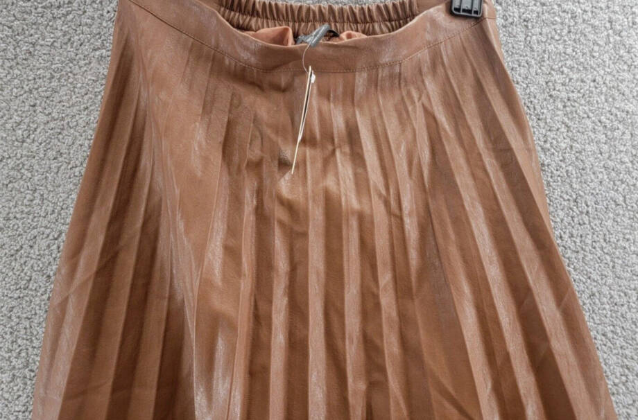 Gracia Faux Leather Long Pleated Skirt Womens XL Brown Elastic Waist Zip Closure