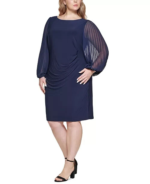 Jessica Howard Plus Size Pleated-Sleeve Sheath Dress Women's 16W Navy Lined Zip~