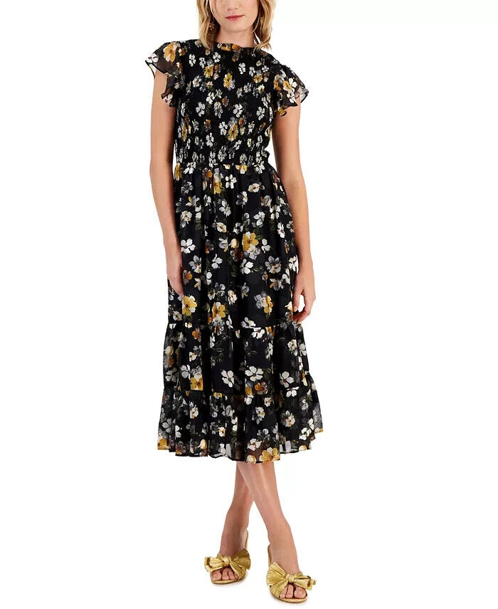 Lucy Paris Houston Floral-Print Smocked-Bodice Tiered Midi Dress Women's M Multi