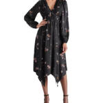 Steve Madden Jamie Floral-Print Pleated Hanky Hem Dress Women's M Black Multi