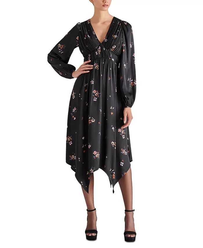 Steve Madden Jamie Floral-Print Pleated Hanky Hem Dress Women's M Black Multi