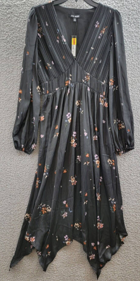 Steve Madden Jamie Floral-Print Pleated Hanky Hem Dress Women's M Black Multi