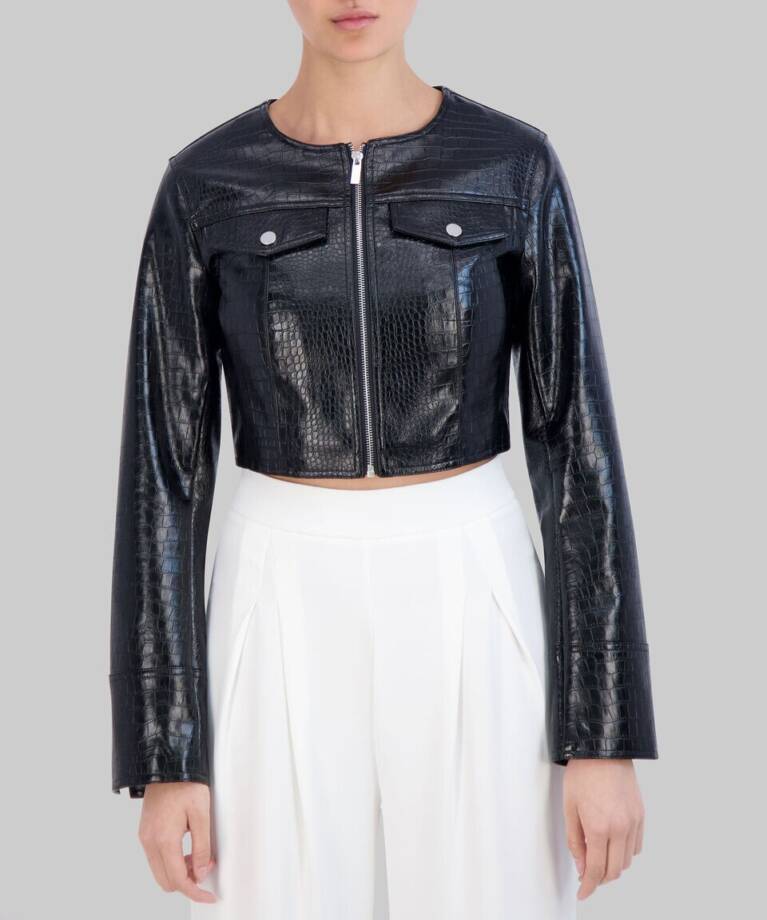 BCBG New York Short-Cut Jacket Women's XS Black Round Neck Front Zip Closure L/S