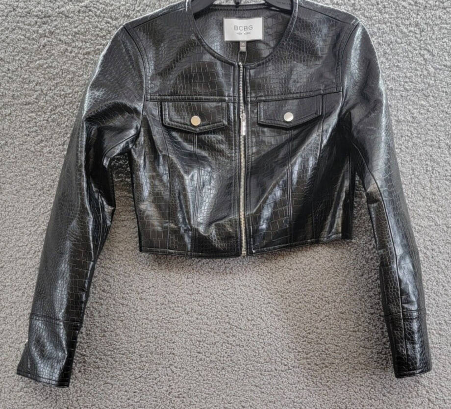 BCBG New York Short-Cut Jacket Women's XS Black Round Neck Front Zip Closure L/S