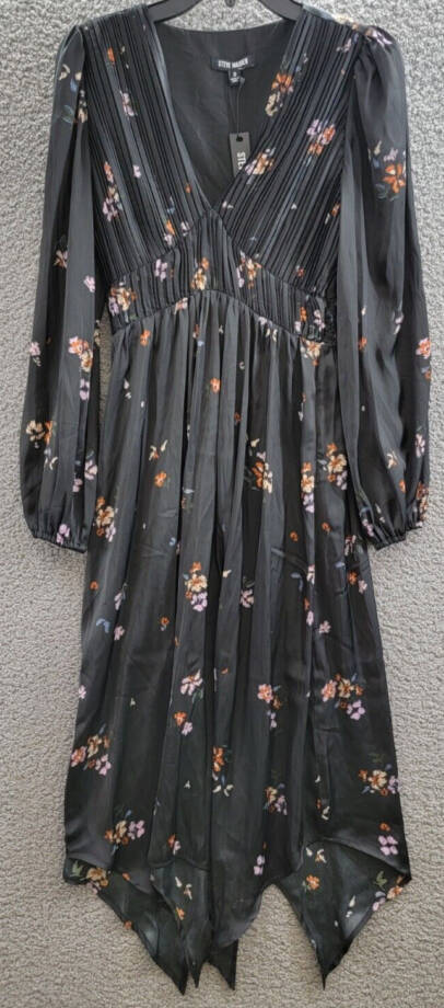 Steve Madden Jamie Floral-Print Pleated Hanky Hem Dress Women's S Black Multi~