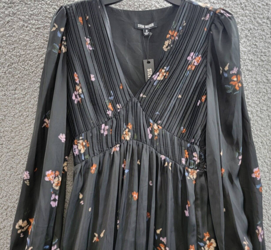 Steve Madden Jamie Floral-Print Pleated Hanky Hem Dress Women's S Black Multi~