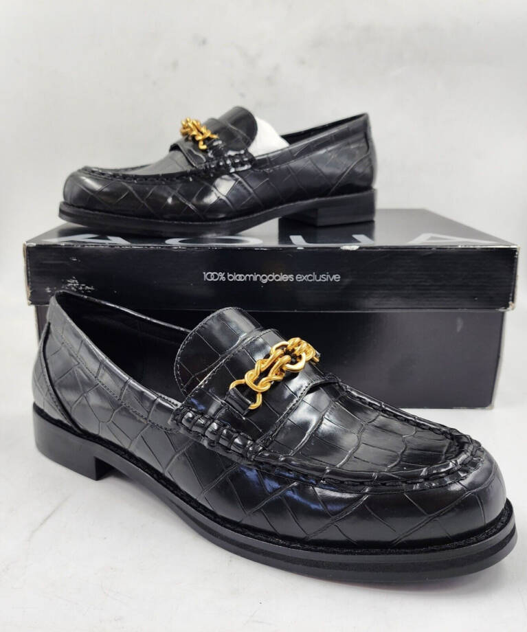 AQUA Perle Croc Embossed Loafers Women's 8M Black Round Moc-Stitch Toe Slip On