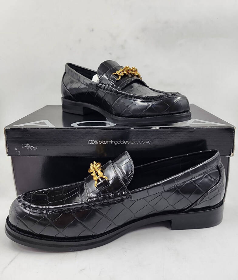 AQUA Perle Croc Embossed Loafers Women's 8M Black Round Moc-Stitch Toe Slip On
