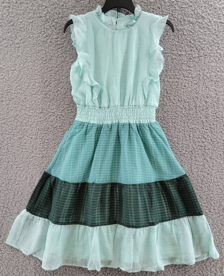 AQUA Color Block Flutter Maxi Dress Girls' L Green Round Neck With Ruffle Trim