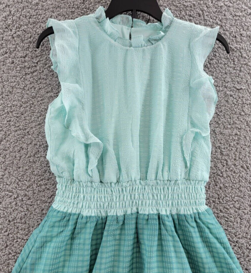 AQUA Color Block Flutter Maxi Dress Girls' L Green Round Neck With Ruffle Trim