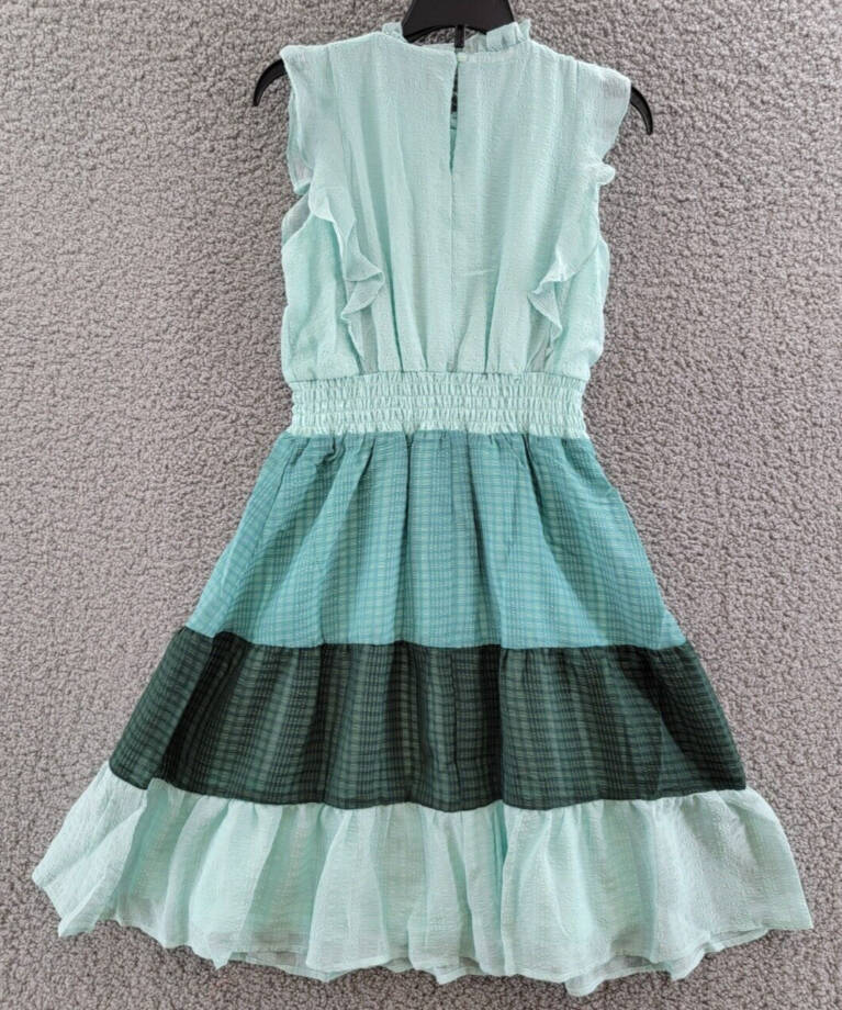 AQUA Color Block Flutter Maxi Dress Girls' L Green Round Neck With Ruffle Trim