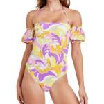 BCBGeneration Floral Off Shoulder One Piece Swimsuit Women M/M Yellow Multicolor